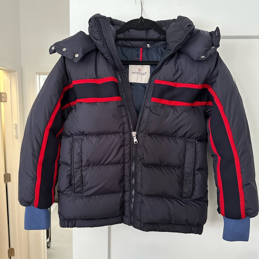 Boy’s Moncler winter jacket with hood.  Size 12. Navy blue